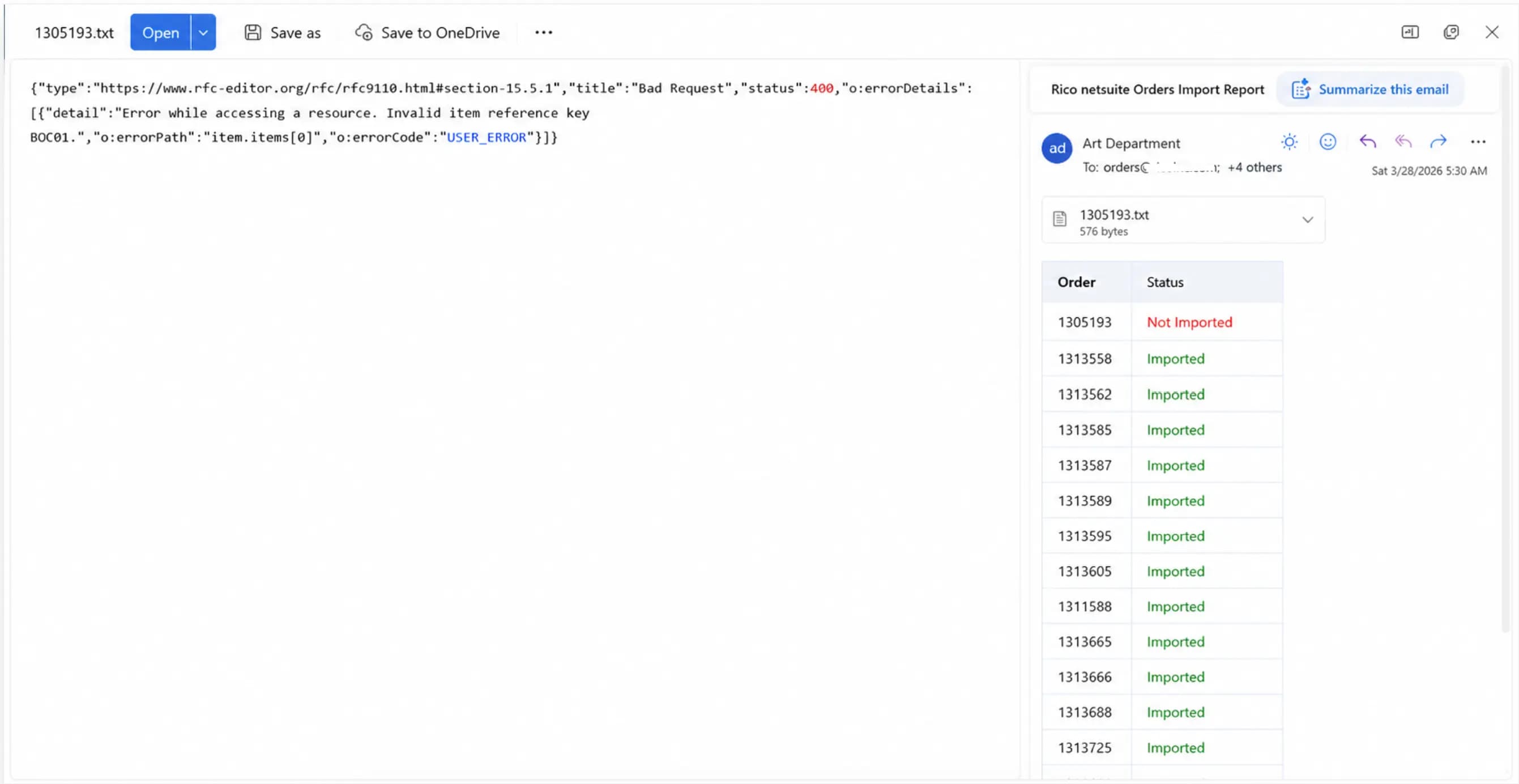 Daily import report email listing successful and failed Purchase Orders