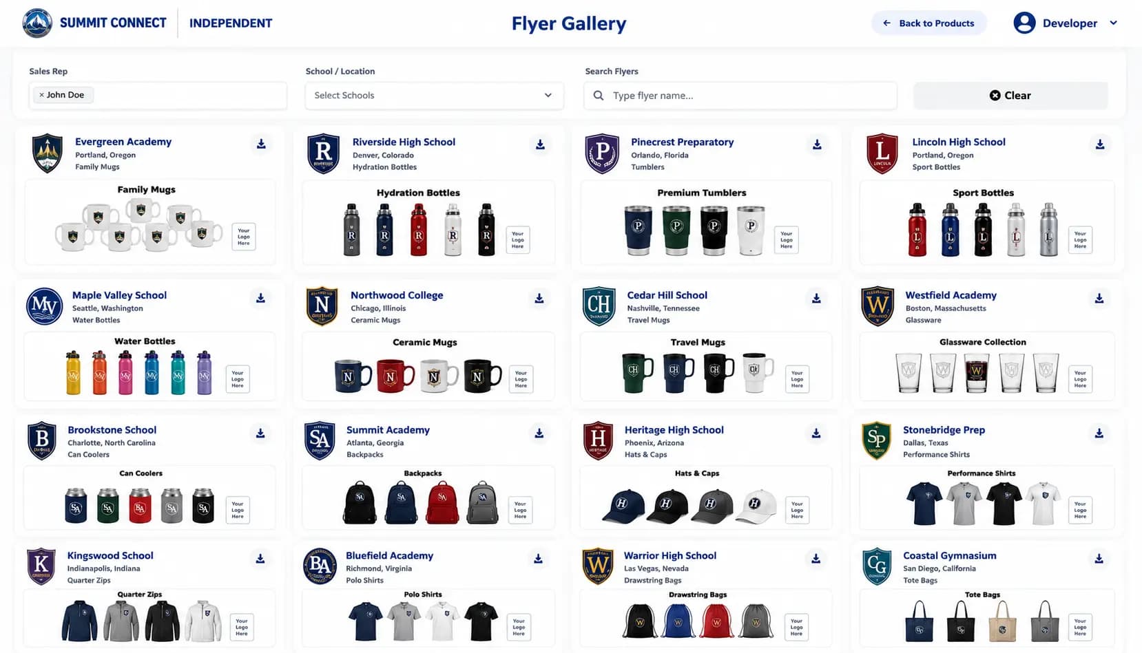Sales Rep Portal flyer gallery showing centralized marketing assets