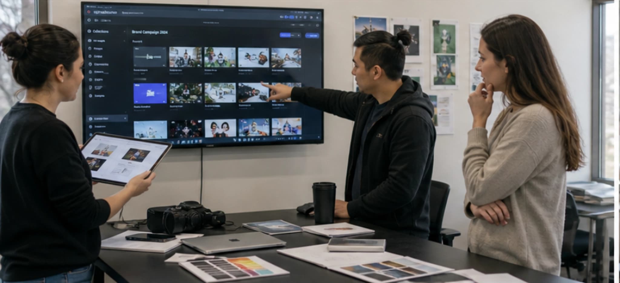 Creative director and designer reviewing approved brand assets