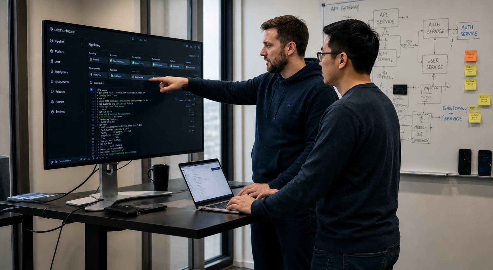DevOps engineers collaborating in a modern agile workspace